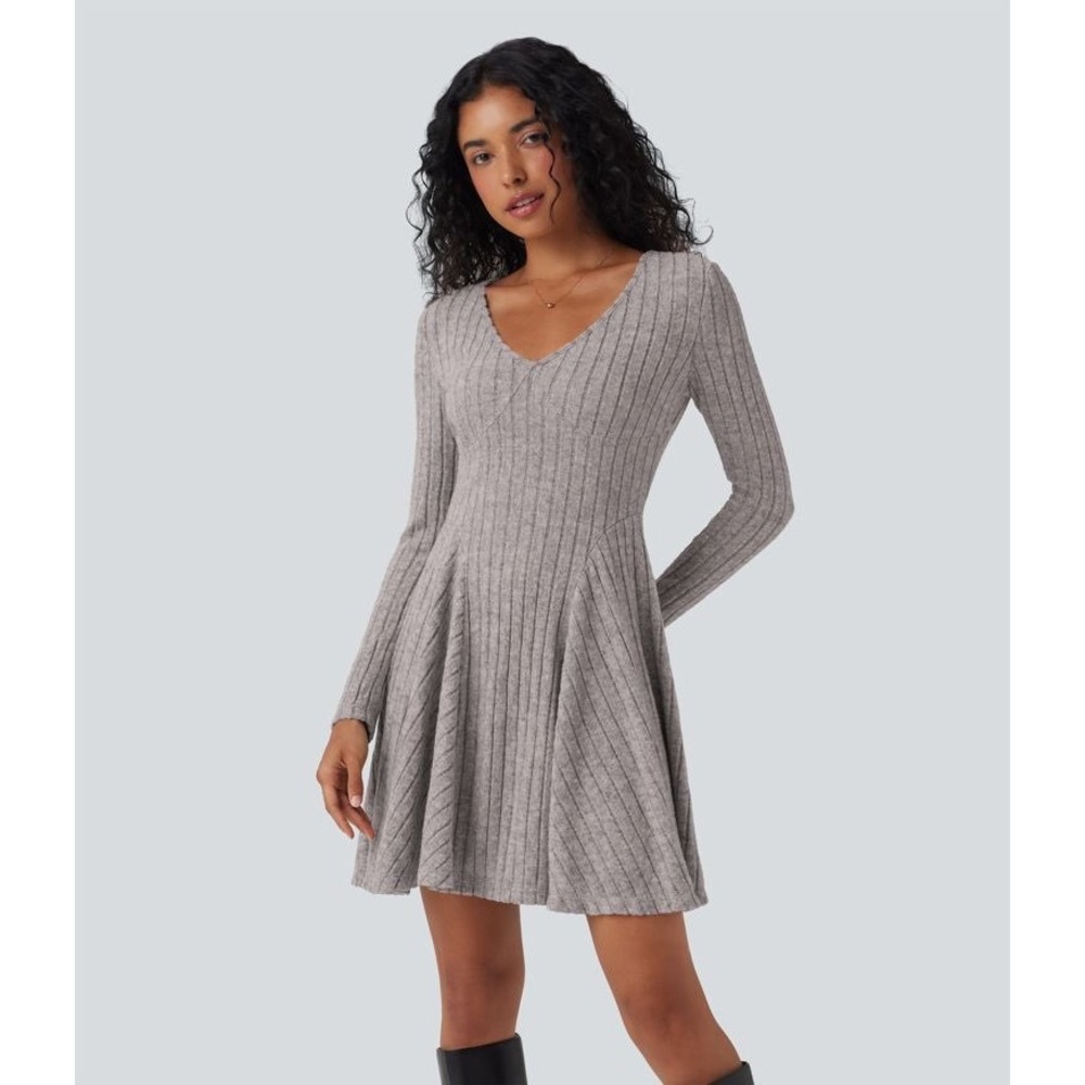 Halara Ribbed Knit V-Neck Long Sleeve Fit and Flare Mini Dress Pink Size S NWT